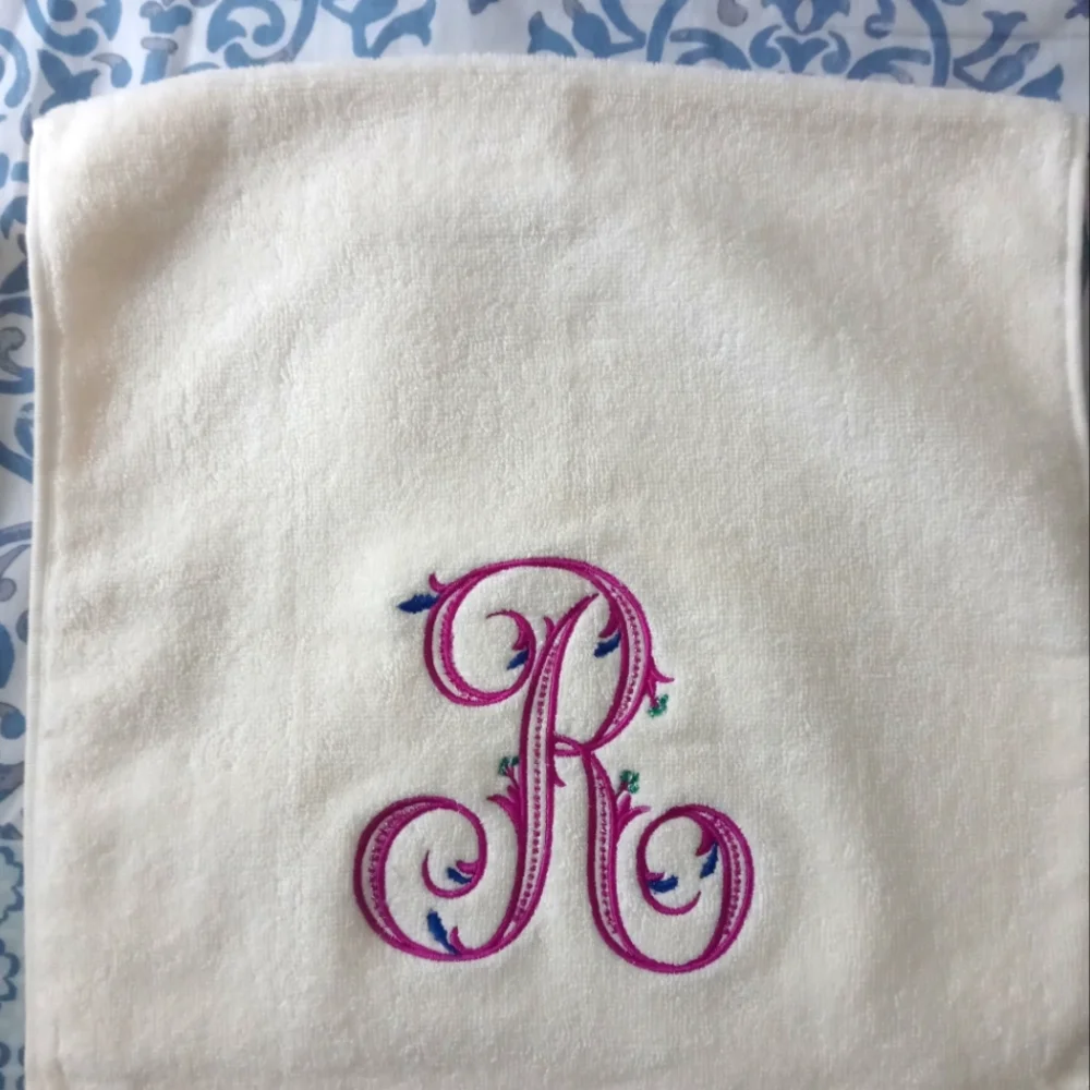 Hand Towels 28 x 13 White with Multicolor Monogram R (2)